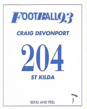 1993 Select AFL Stickers #204 Craig Devonport Back